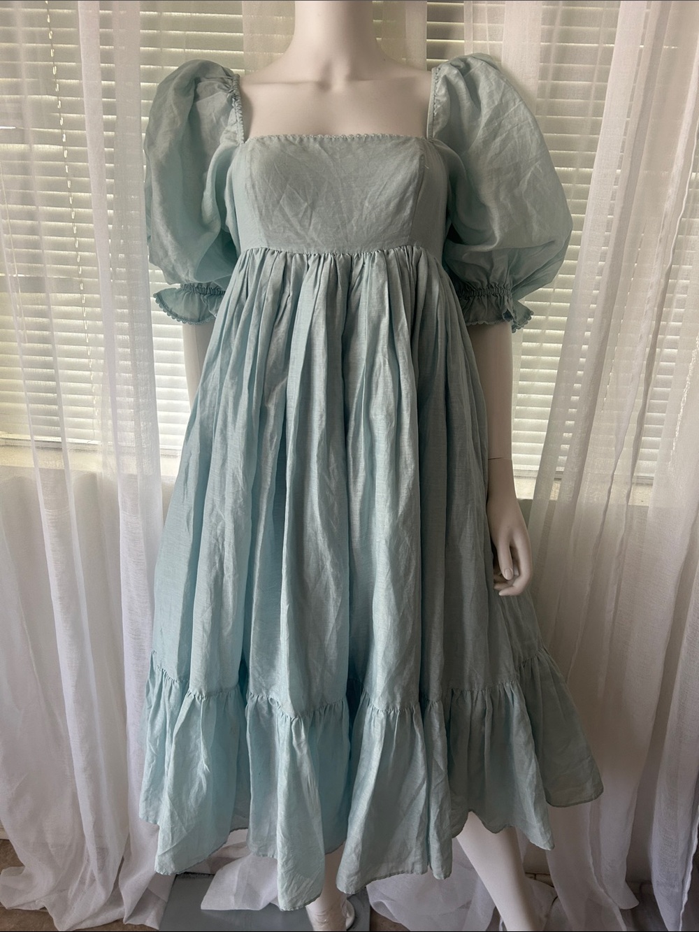 Selkie Light Blue Smocked Square-Neck Puff Sleeve Midi Dress - Picture 3 of 15